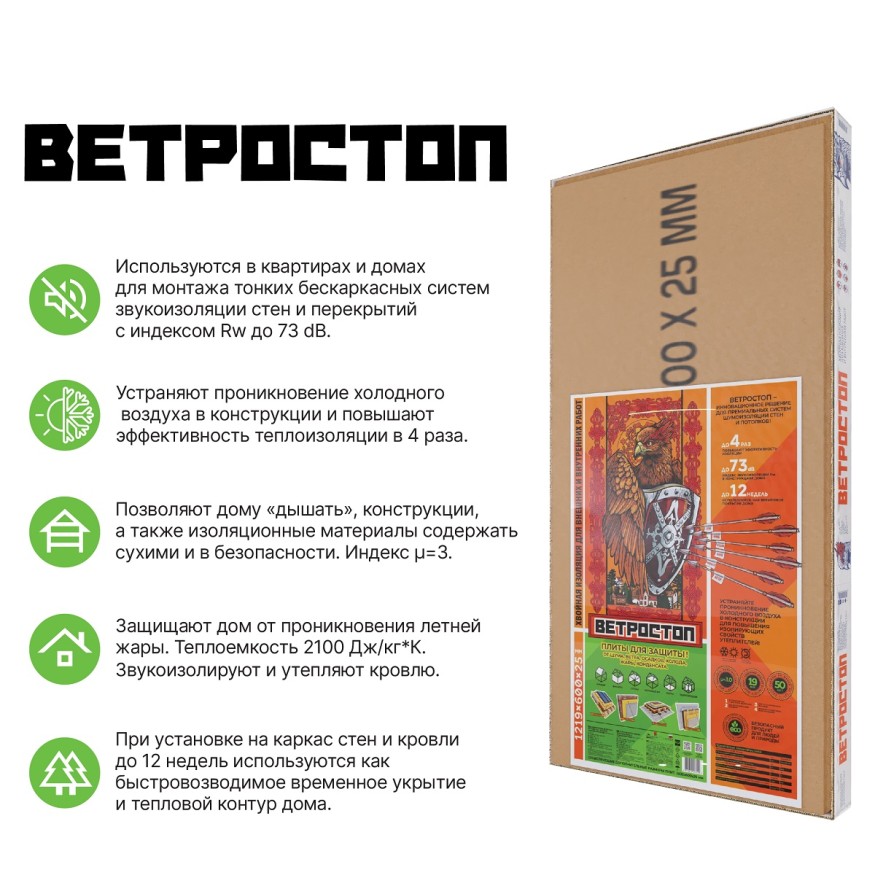 Ветрозащитная шумоизолирующая панель ВЕТРОСТОП 1200х581х25 мм (2,09 м²) купить в Луганске