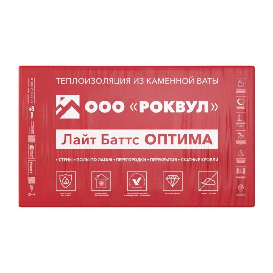 Утеплитель Роквул Лайт Баттс Оптима 100мм, 5 плит, 3м2, 600х1000мм, 0.3м3 Rockwool купить в Луганске